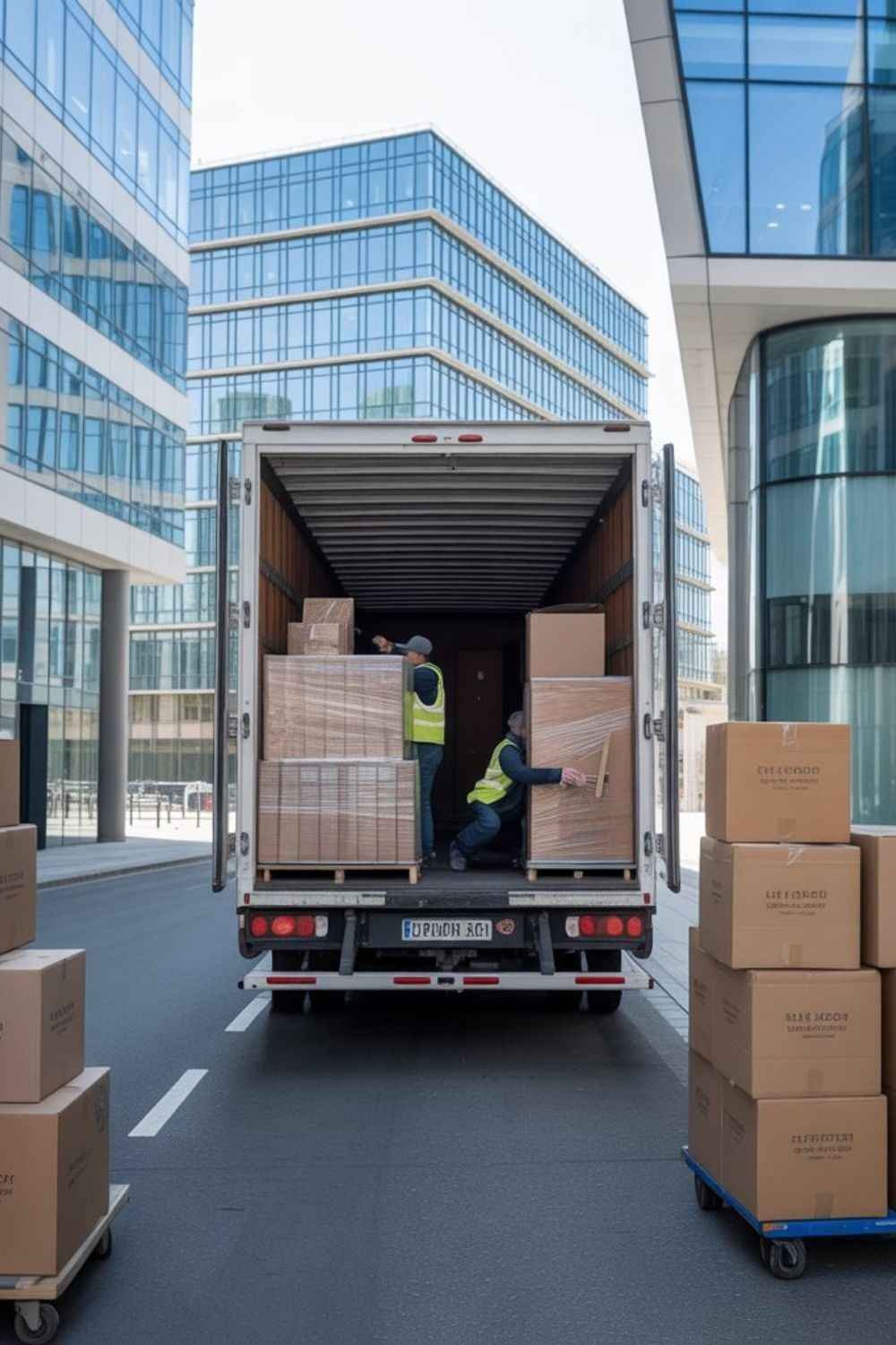Two SleekAssuredRemovals workers loading moving boxes into a van in South London.