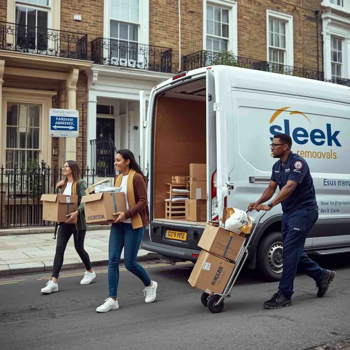 Worker carrying boxes from a service van during a Office removal