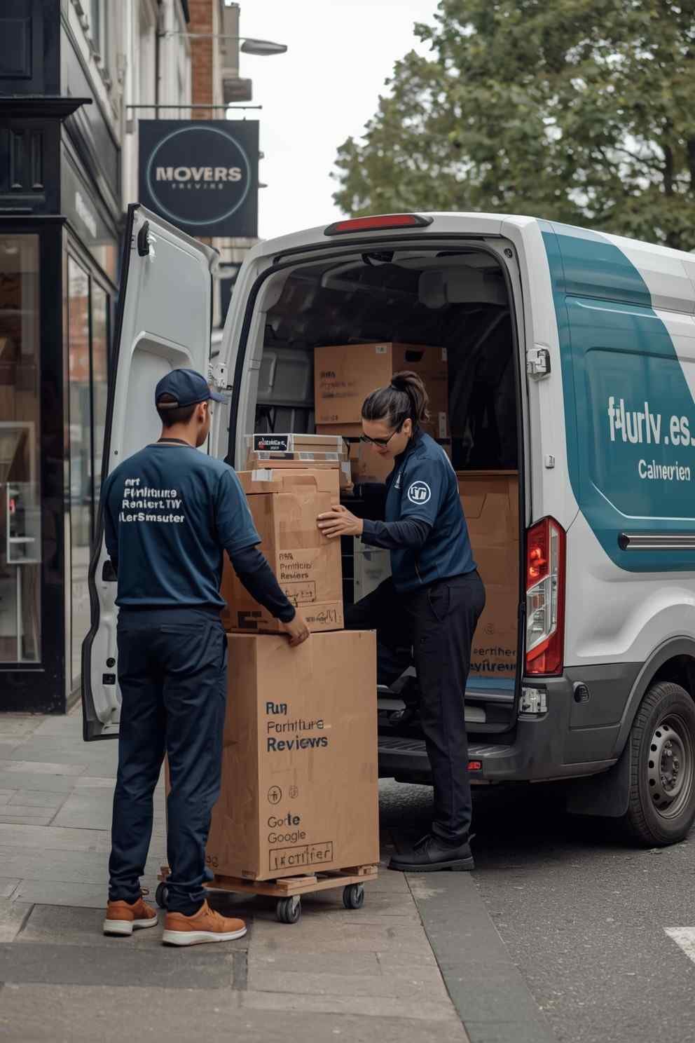 Two professional movers carefully carrying a piece of furniture together, one at each end, on a London street.