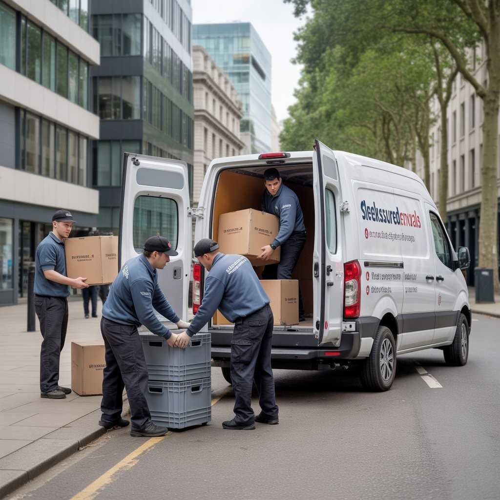 Team moving office supplies from a van into the workplace