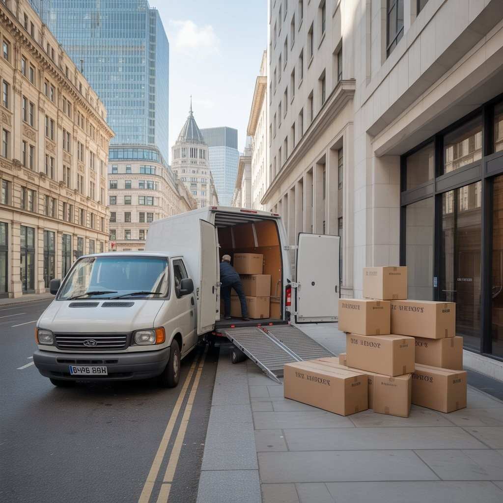 house removals worker loading boxes into a service van in London