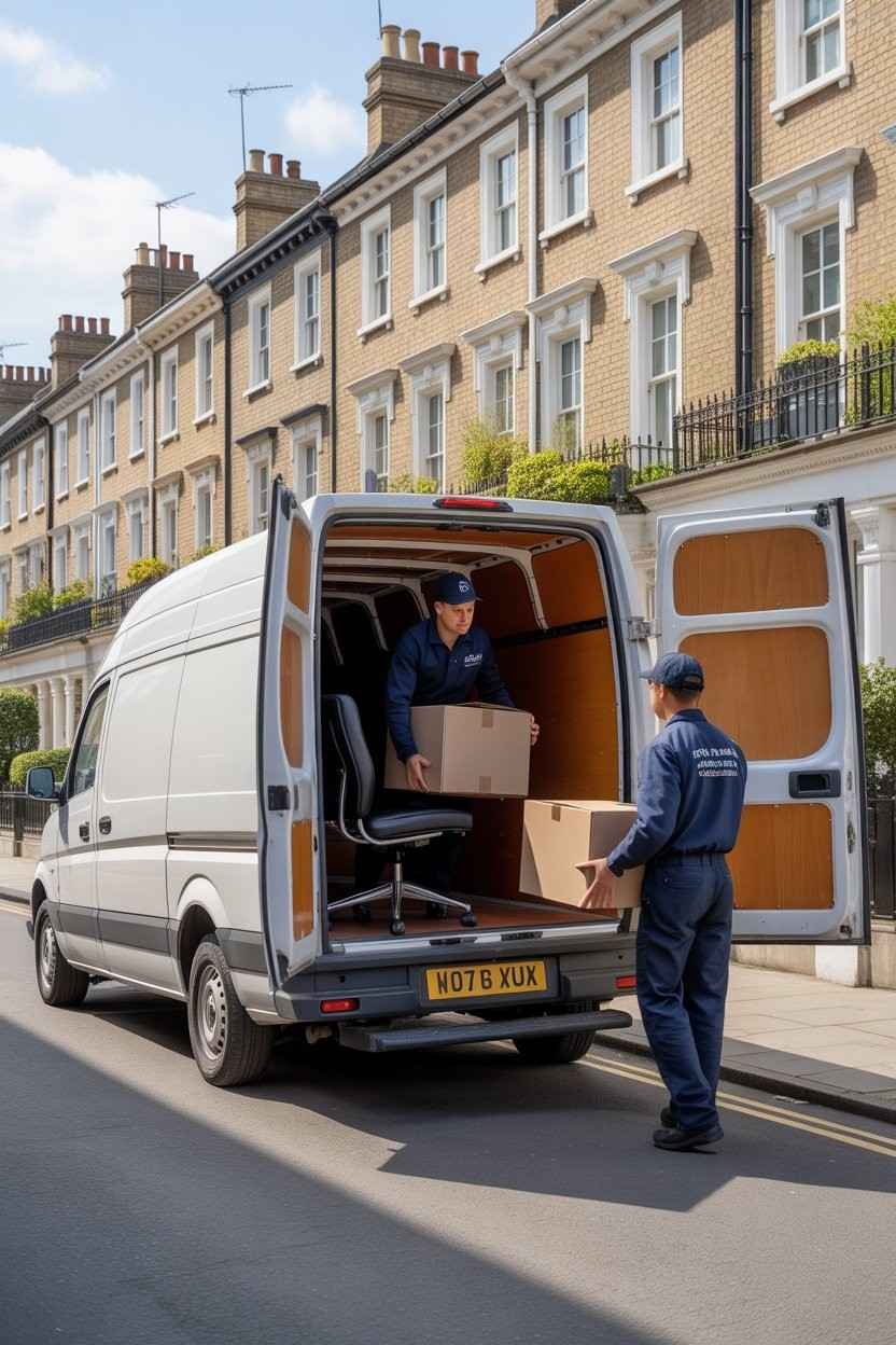 Two movers loading boxes into a van for holdover storage in South London
