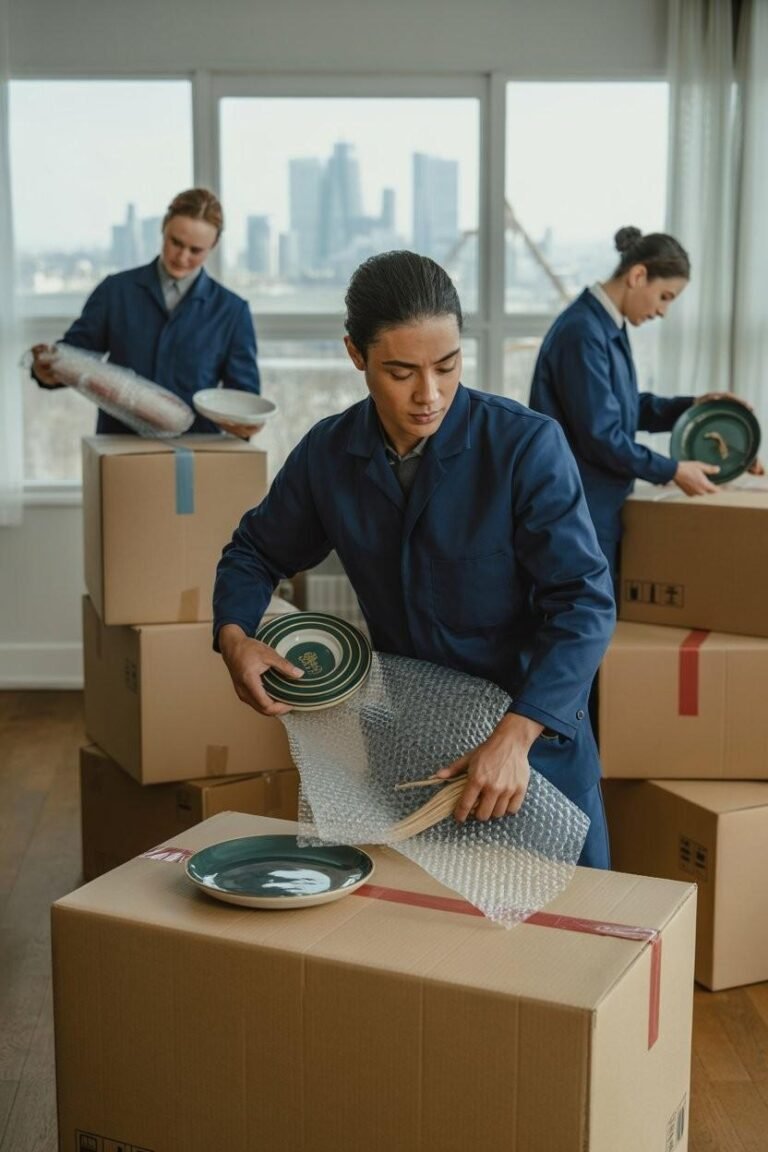 Professional movers packing items for holdover storage in South London