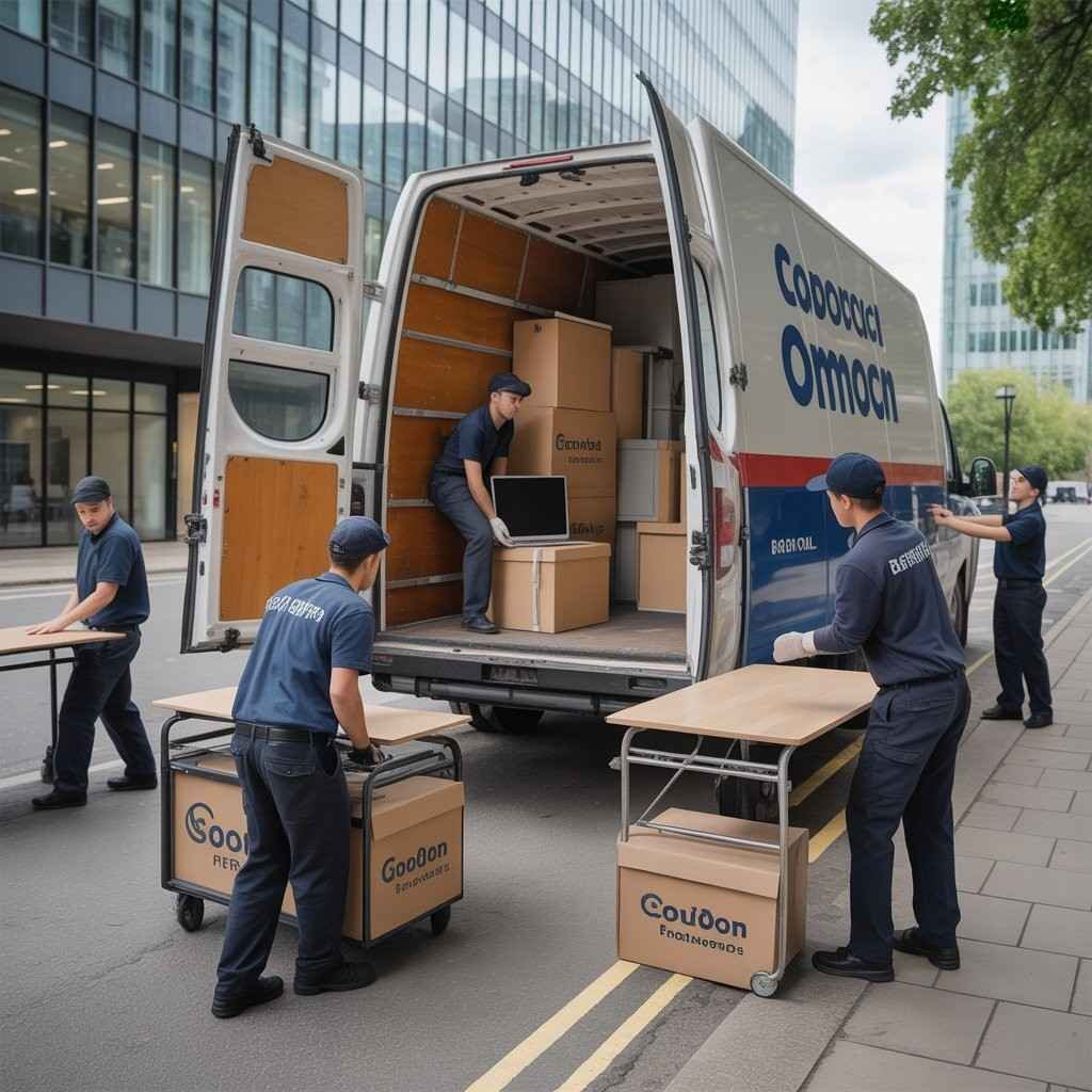 Office Removals services in South London — workers carrying boxes from a service van to a trolley