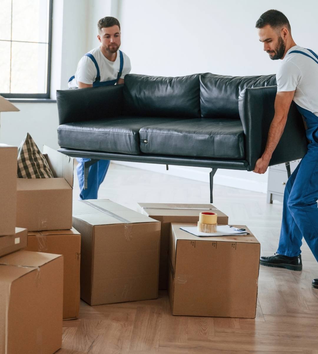 Two movers carrying a sofa with boxes