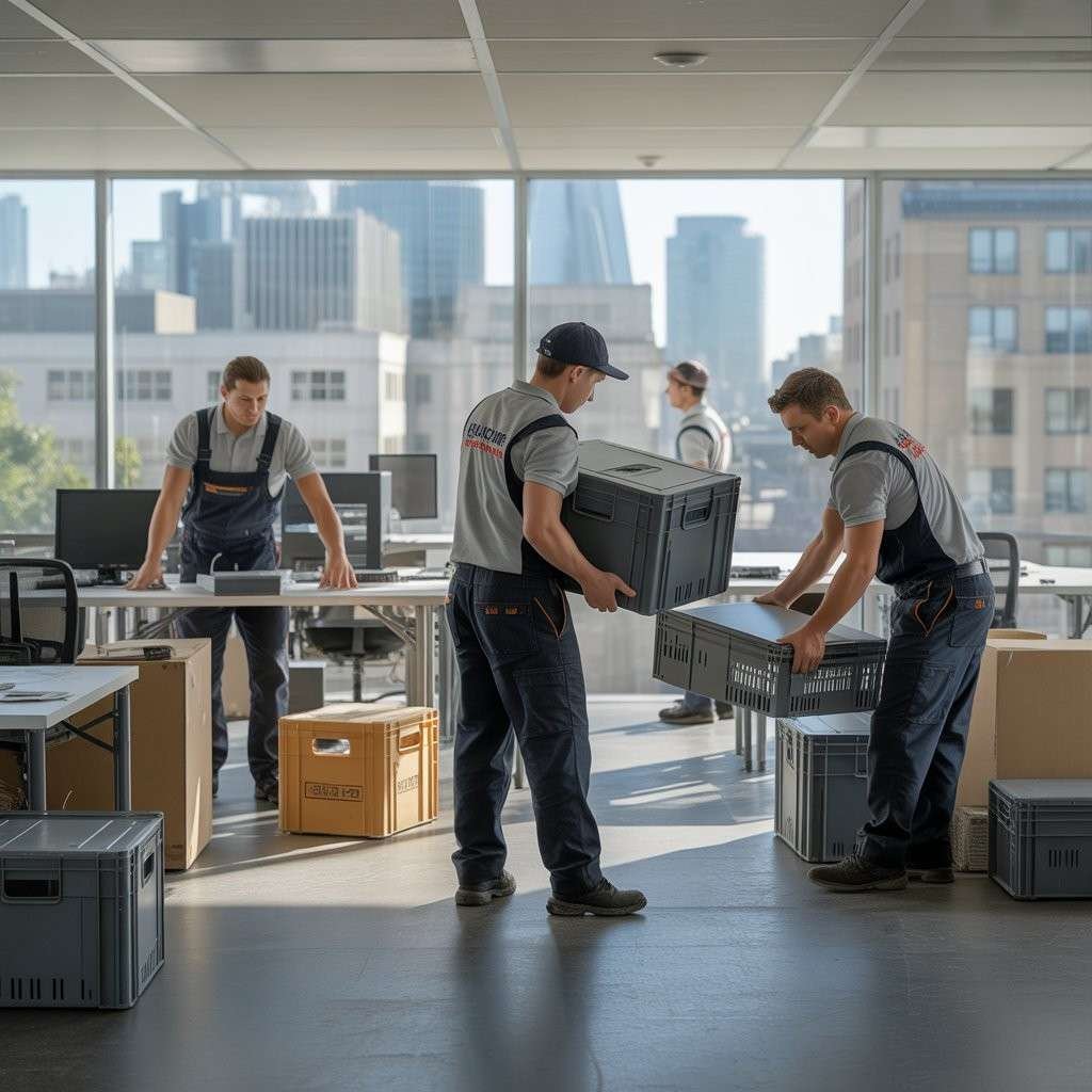Workers carrying boxes and office furniture outside