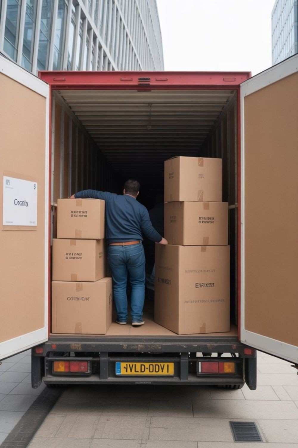 Mover standing while van is loaded with boxs