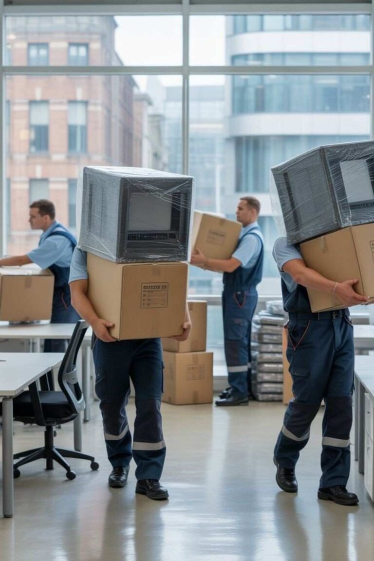 Uniformed movers carefully carrying labelled boxes out of an office for a professional moving service