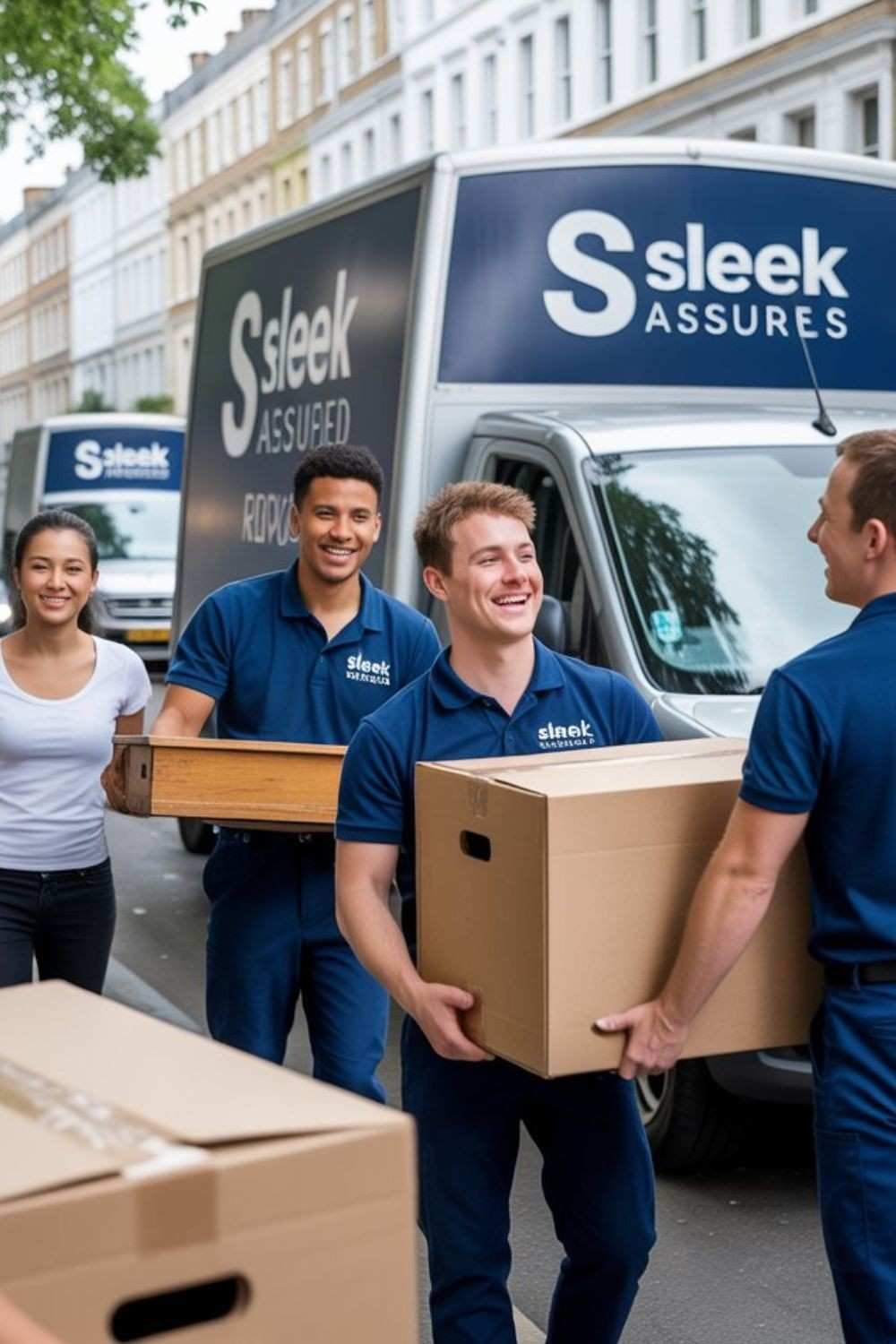 movers carrying boxes while smiling clients watch, during a professional home and office move in East London
