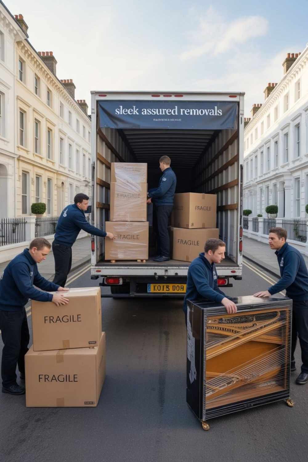 Office movers loading boxes into a van with 3 worker giving boxes