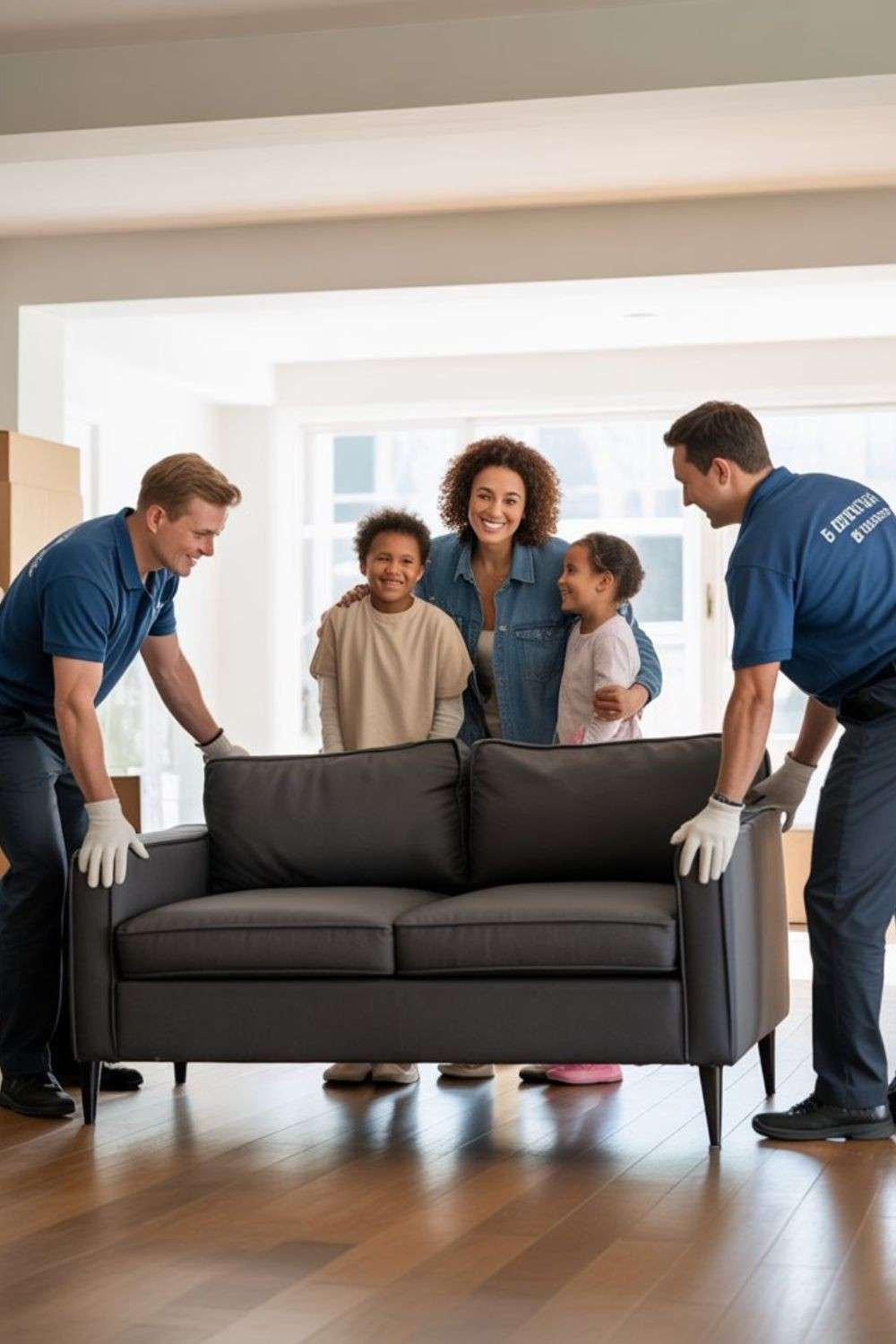 Our movers carefully unloading furniture and Sofa in a bright living room while a happy family watches