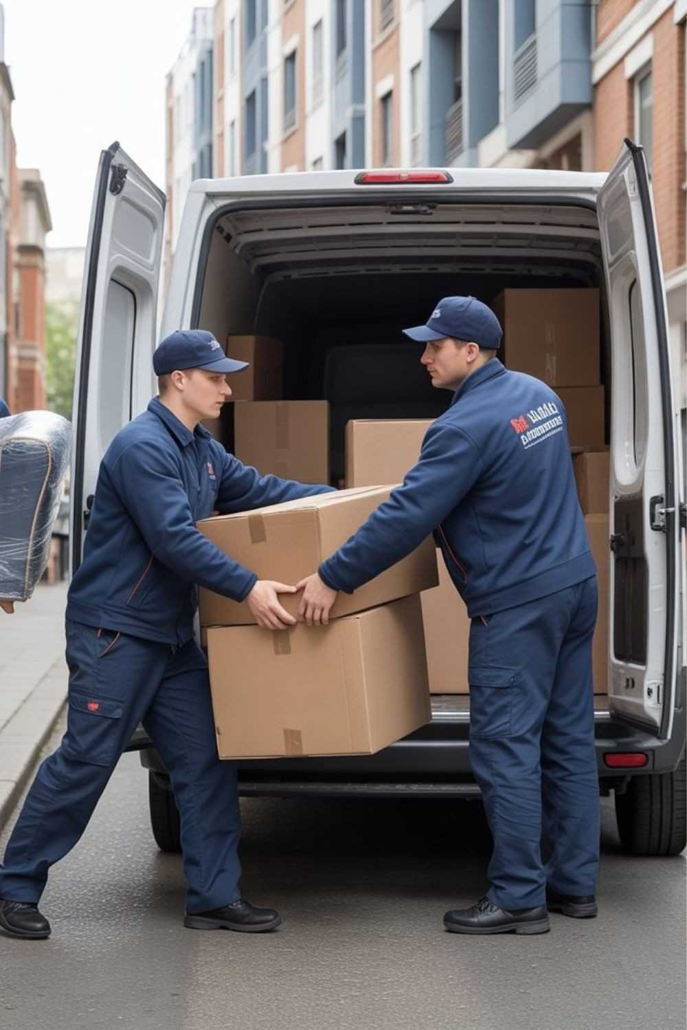 Two sleekassuredremovals movers loading furniture and boxes into a van