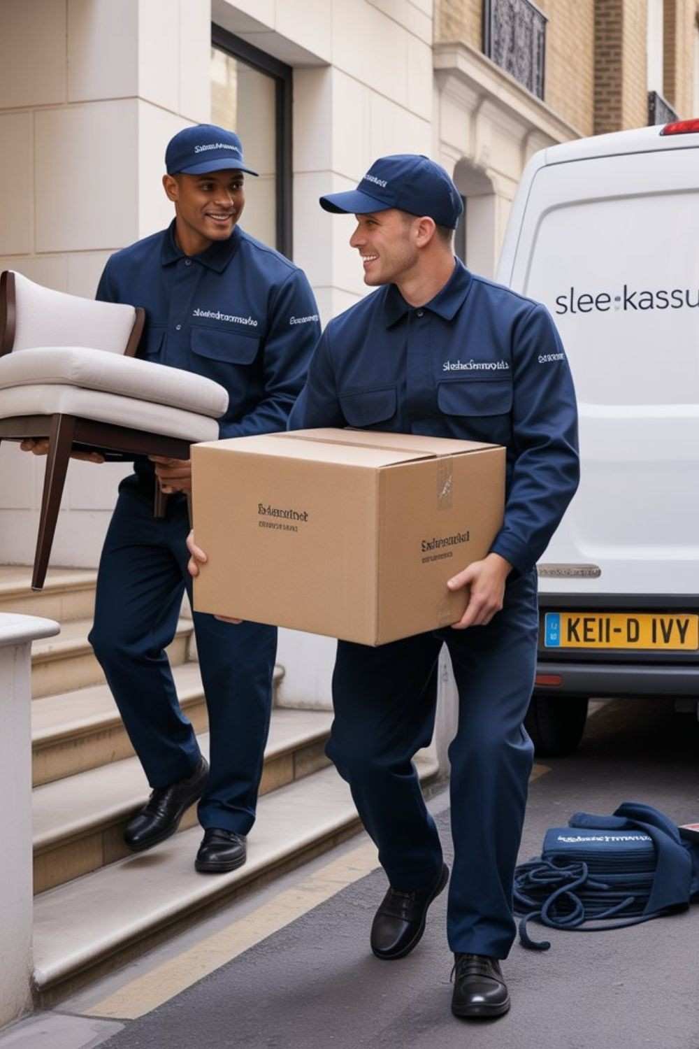Two movers carrying boxes and a chair to a service van