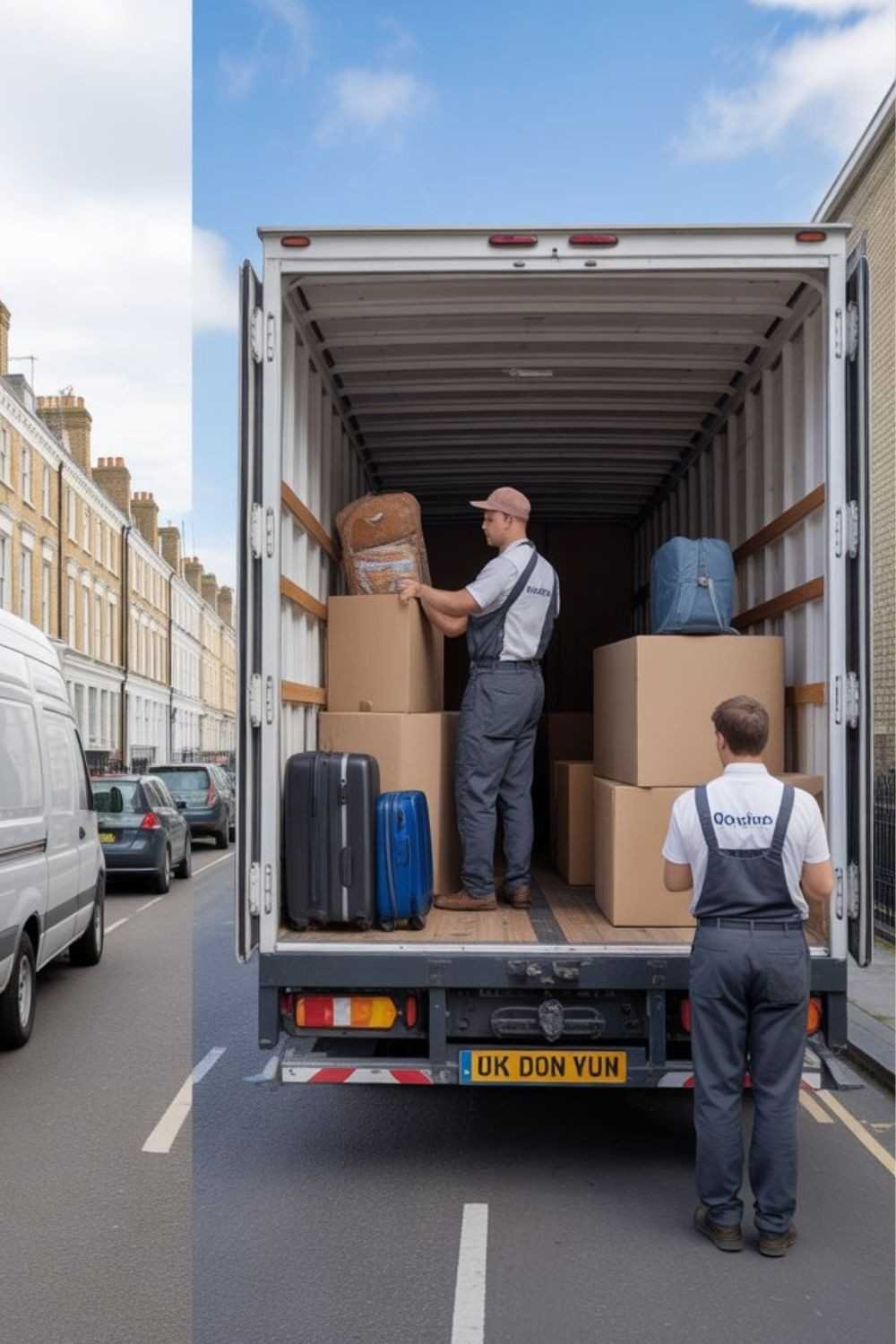 Sleek Assured Removals workers loading moving boxes into a service van