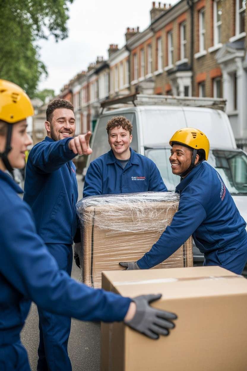 Four waste clearance workers carrying boxes beside a service van