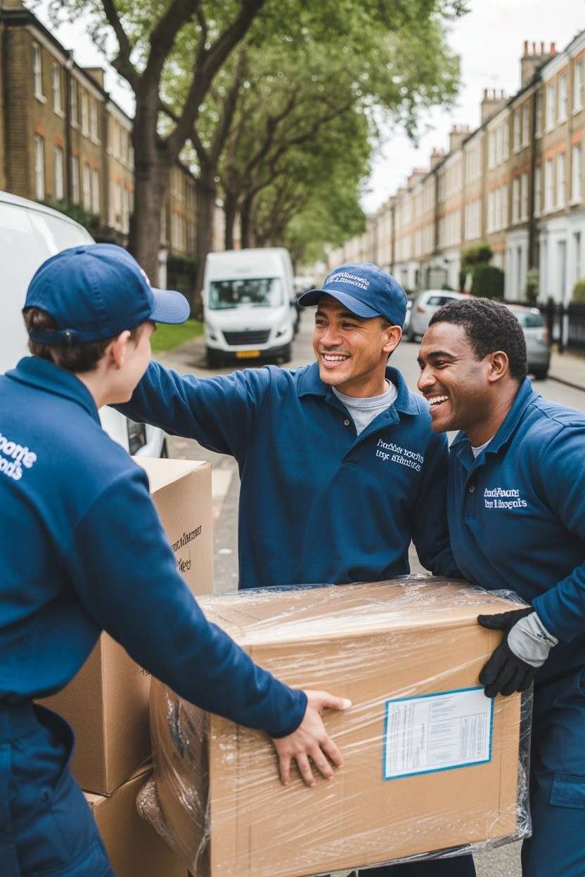 Three professional Sleek Assured Removals workers carrying storage boxes