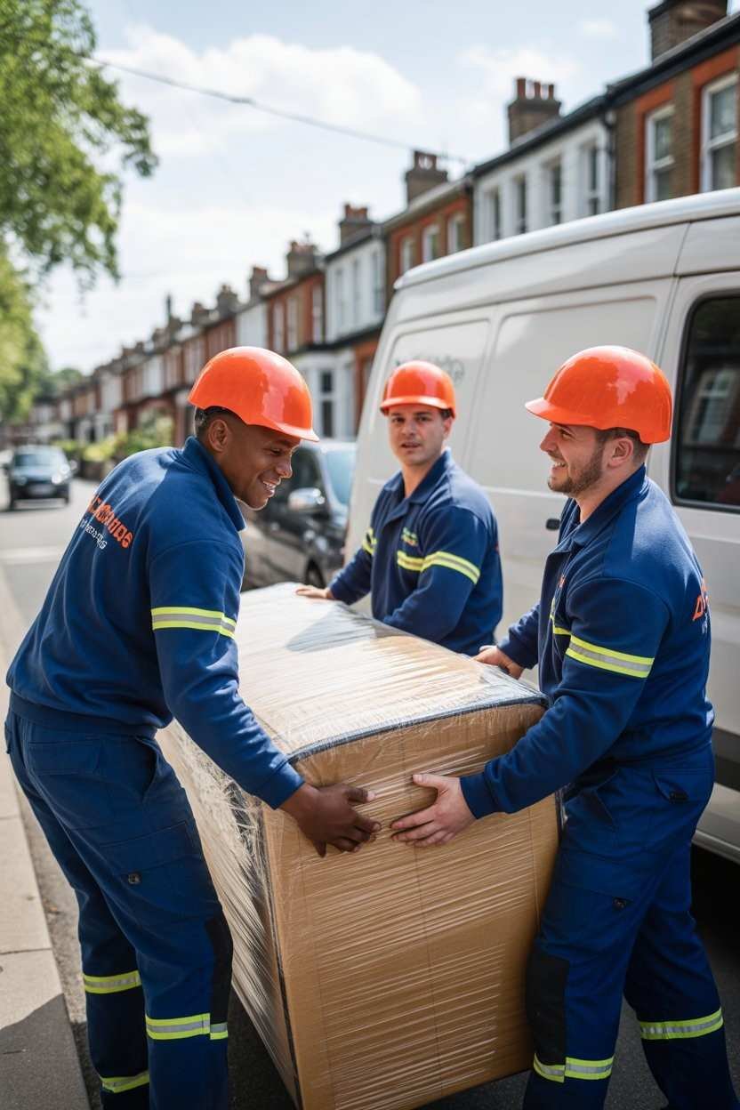 Movers loading boxes or furniture into a home
