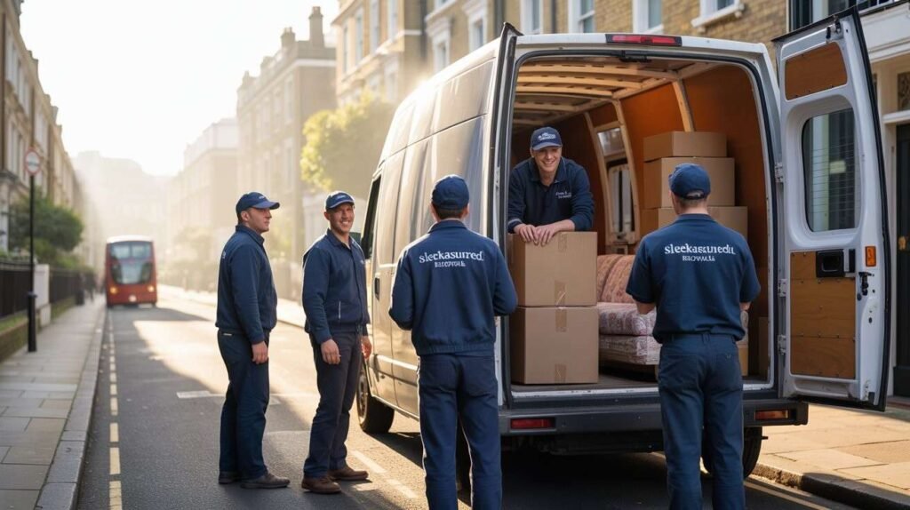 sleekassuredremovals movers loading a van on a quiet London residential street at sunrise