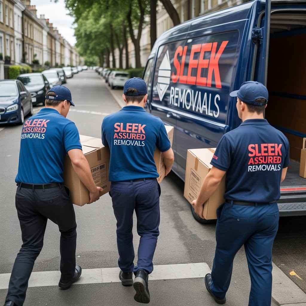 Three professional waste clearance workers carrying boxes to a service van