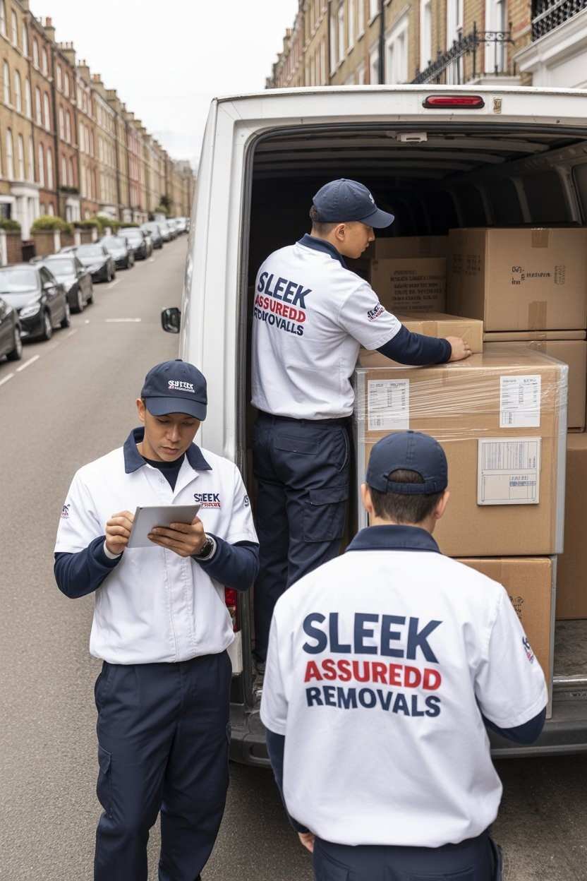 Waste clearance team loading boxes into service van while staff checks item list