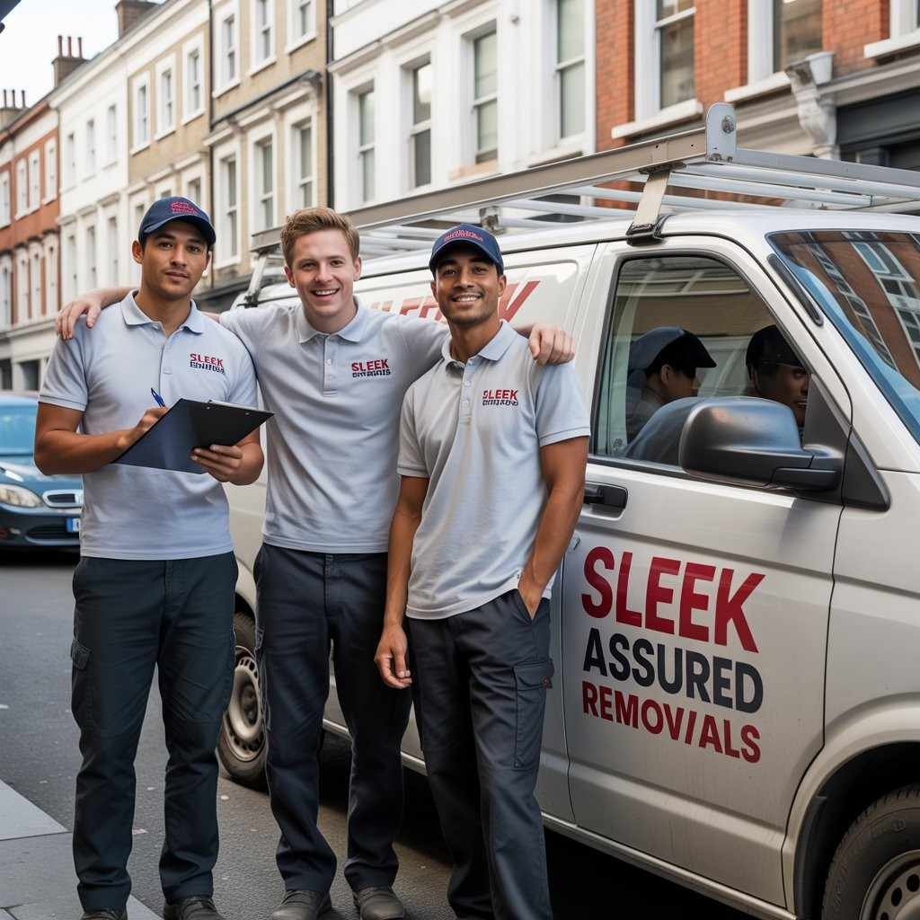 Professional team standing by a branded service van after completing a storage job in London