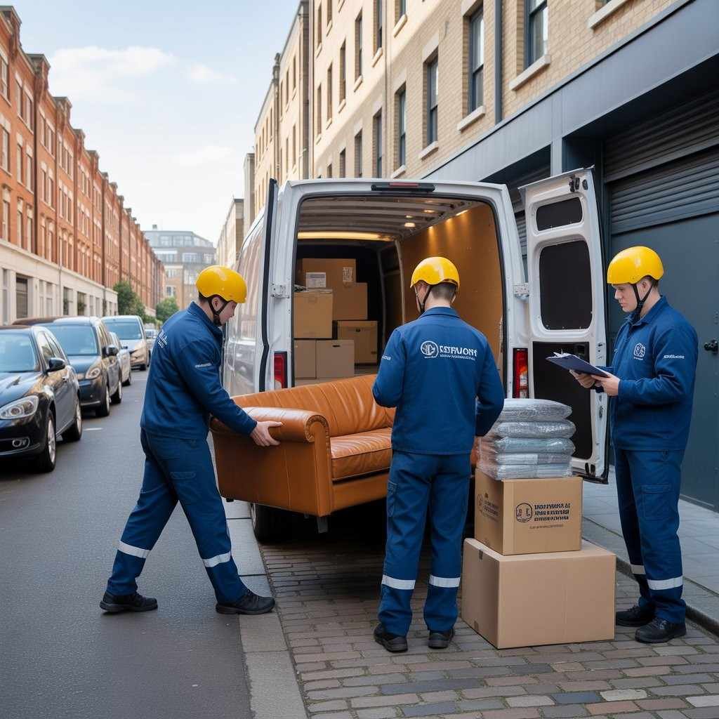 Two workers loading boxes and a sofa into a service van while another checks the inventory list