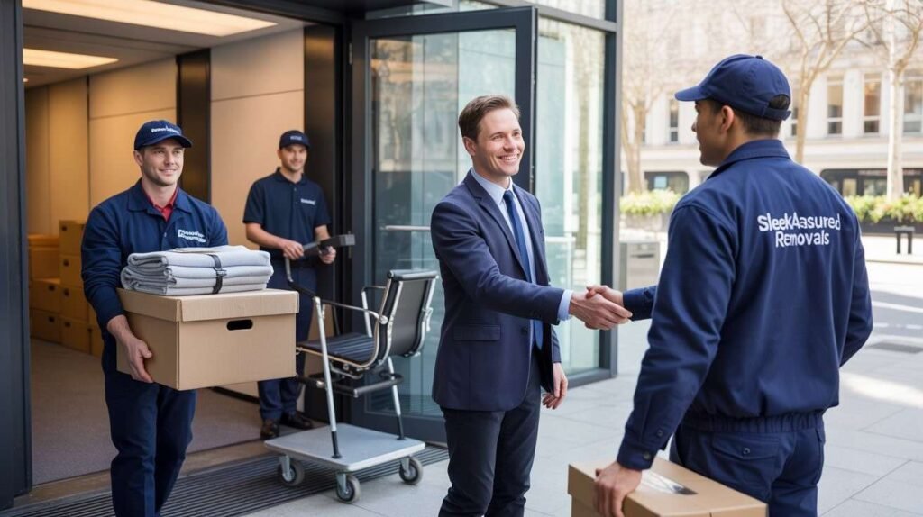 Client shaking hands with a professional mover after a successful office relocation in London