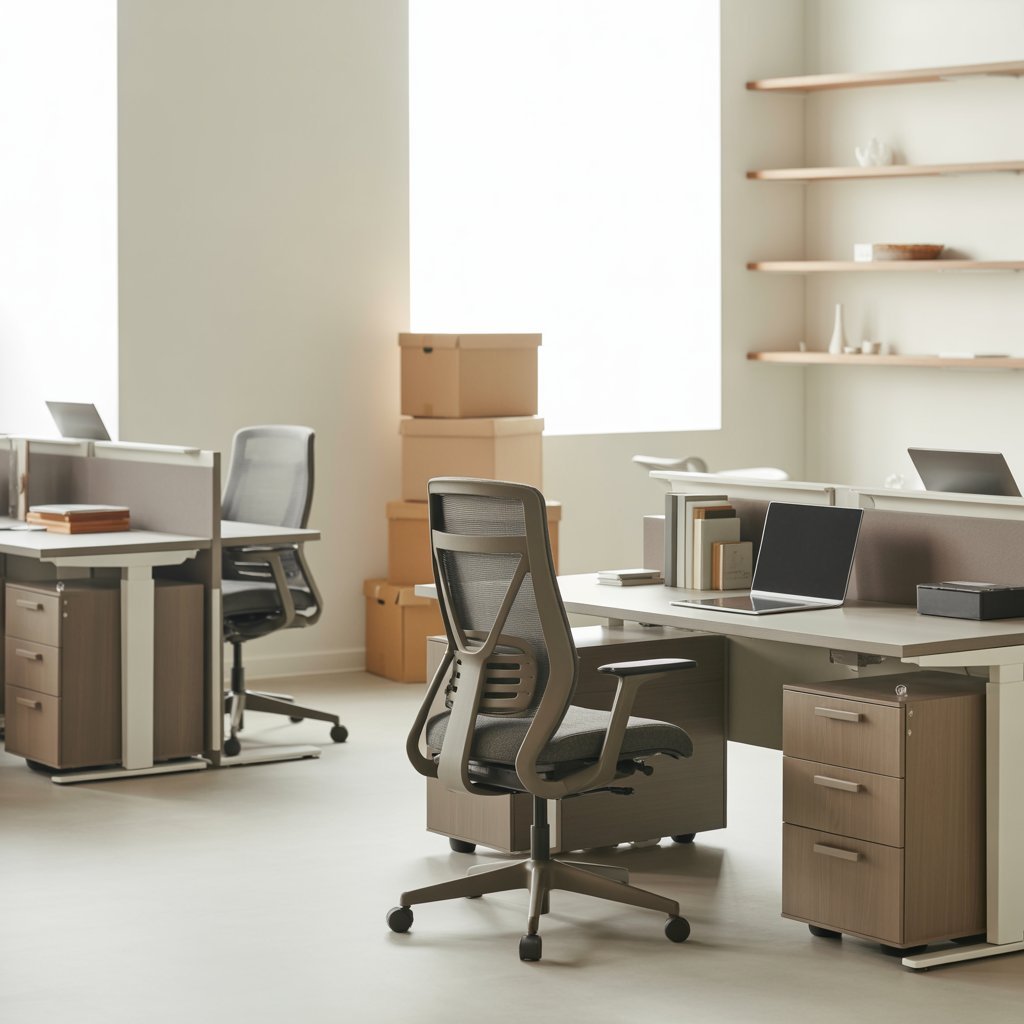 Various home furniture including chairs, tables, and packed boxes ready for moving