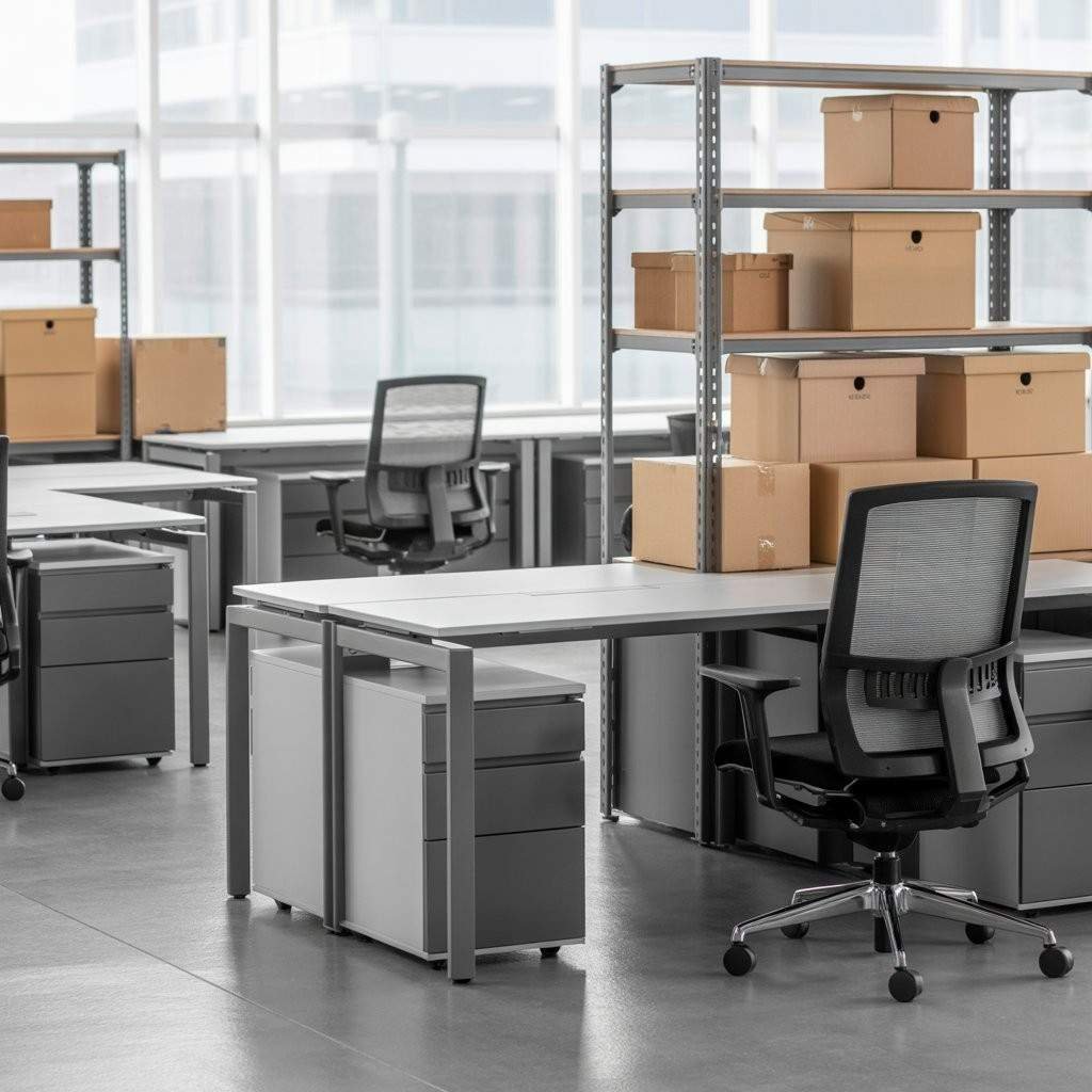 Office furniture and boxes prepared for waste clearance