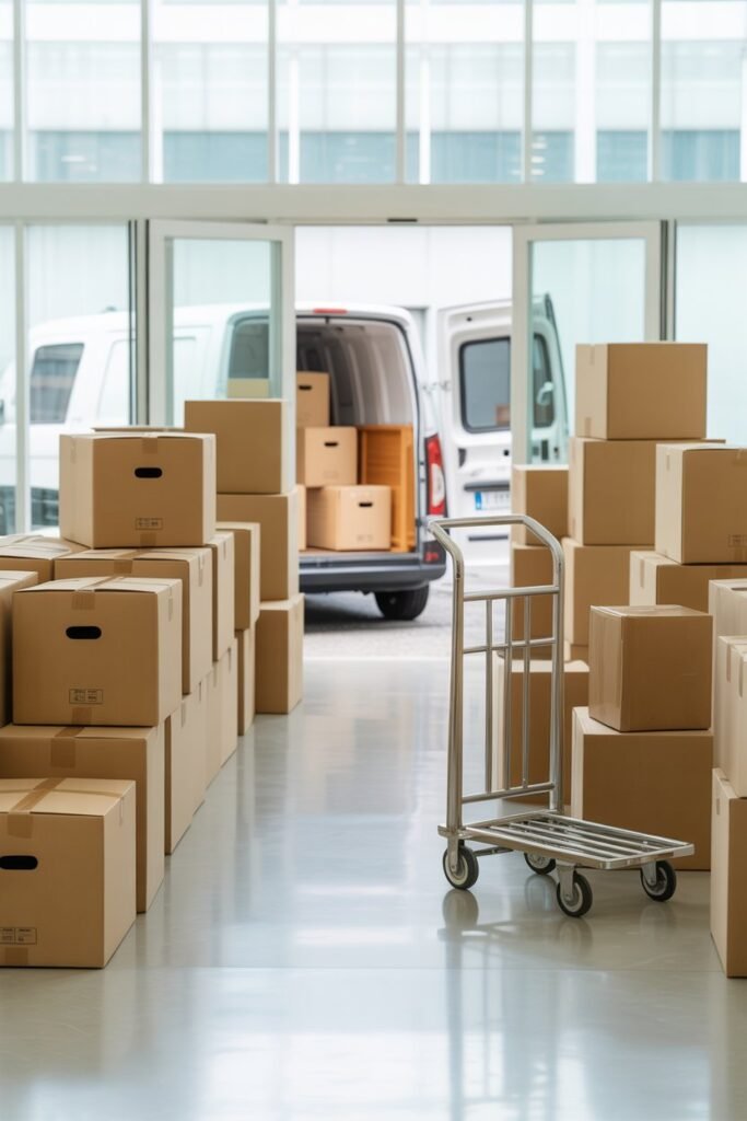 Storage and holdover service van collecting boxed items from an East London