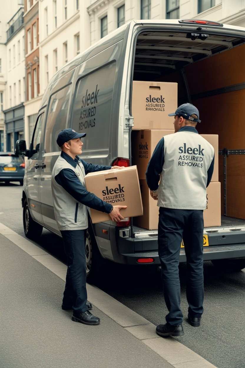 Two Sleek Assured Removals movers loading boxes into a branded service van in London