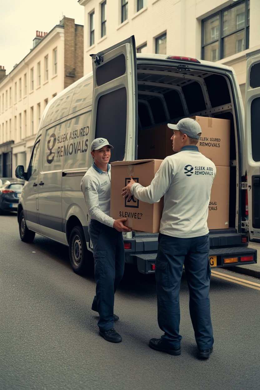Waste clearance worker loading boxes into service van