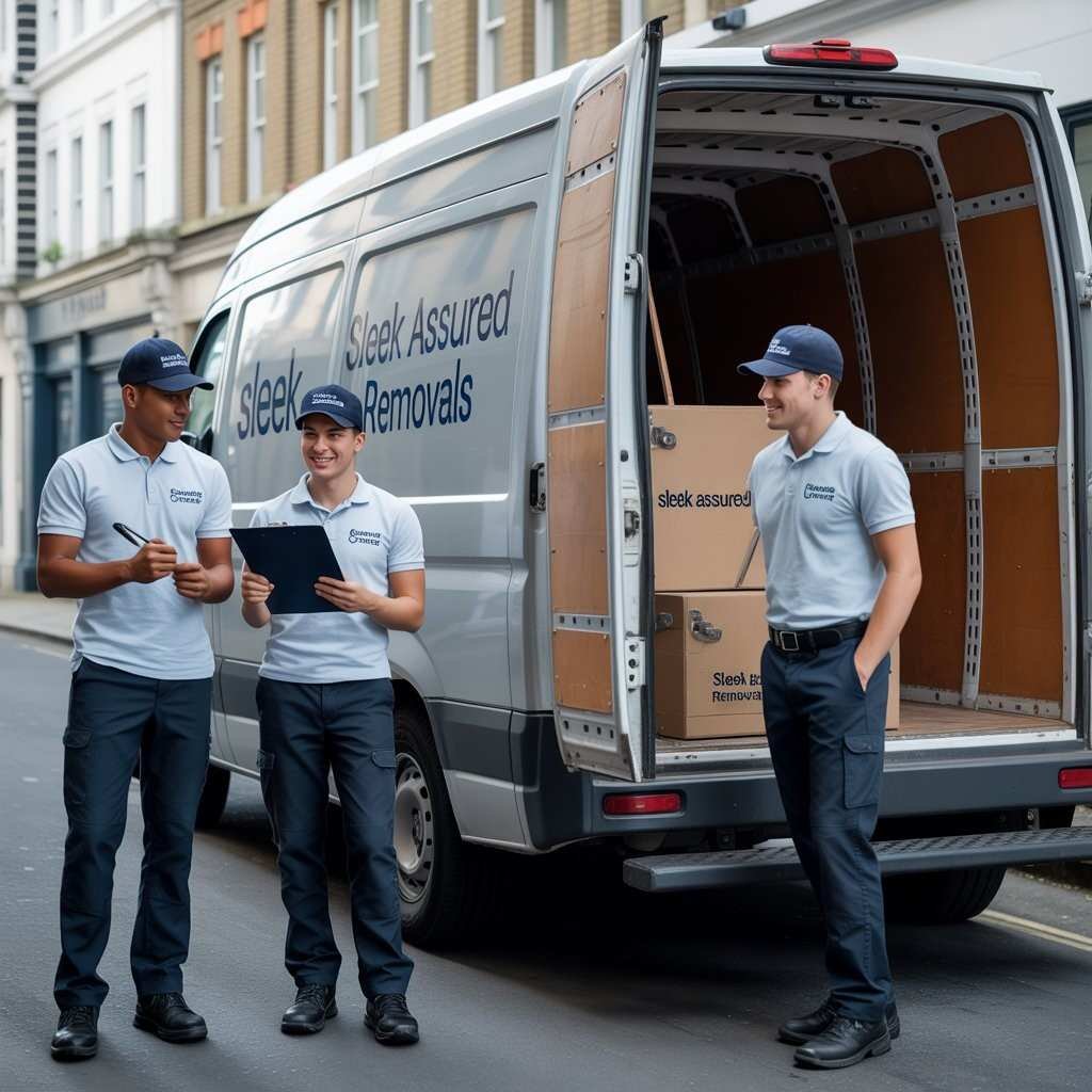 Three waste clearance workers using a tablet beside a service van with boxes