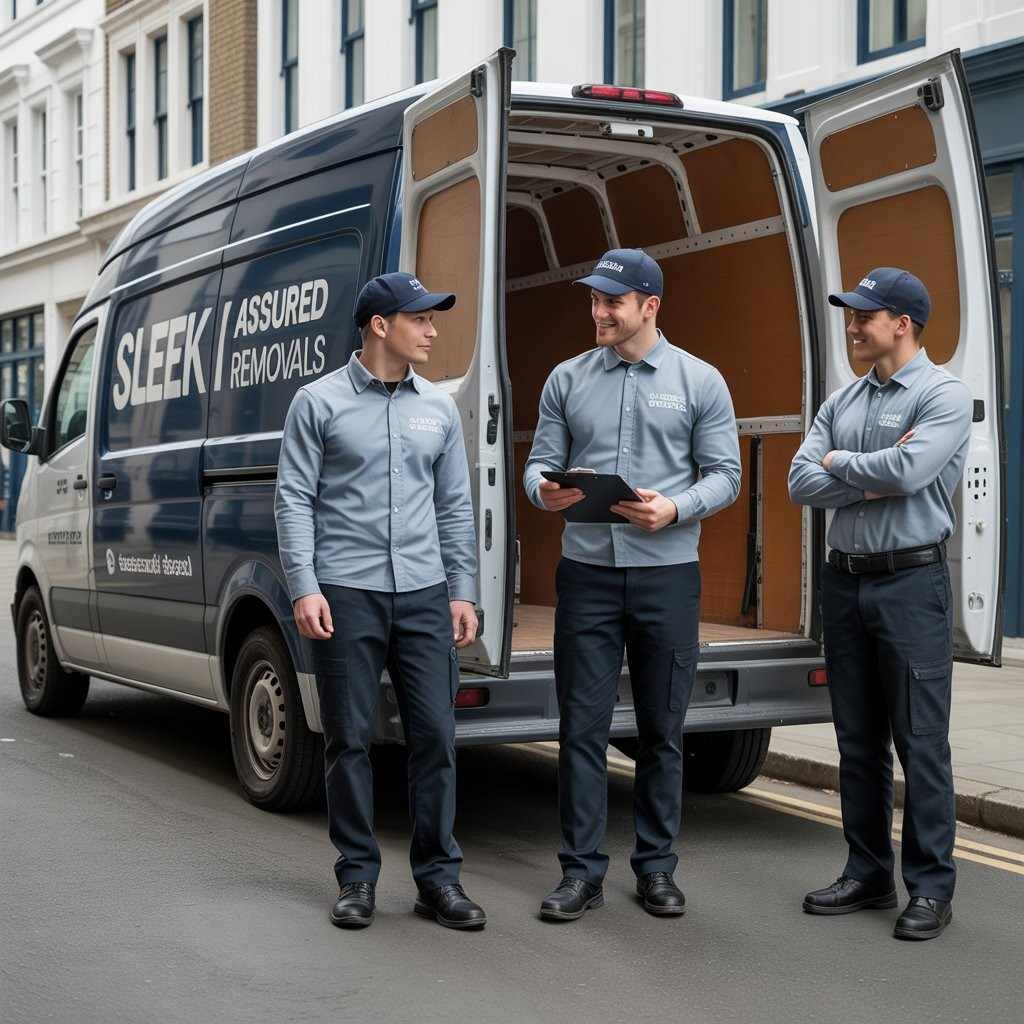 Furniture disposal workers standing by a van loaded with boxes