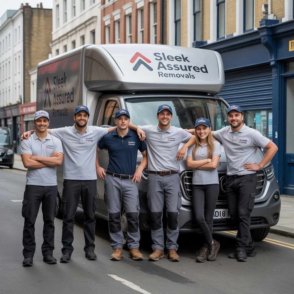 Sleek Assured Removals team with branded storage and holdover service van in East London