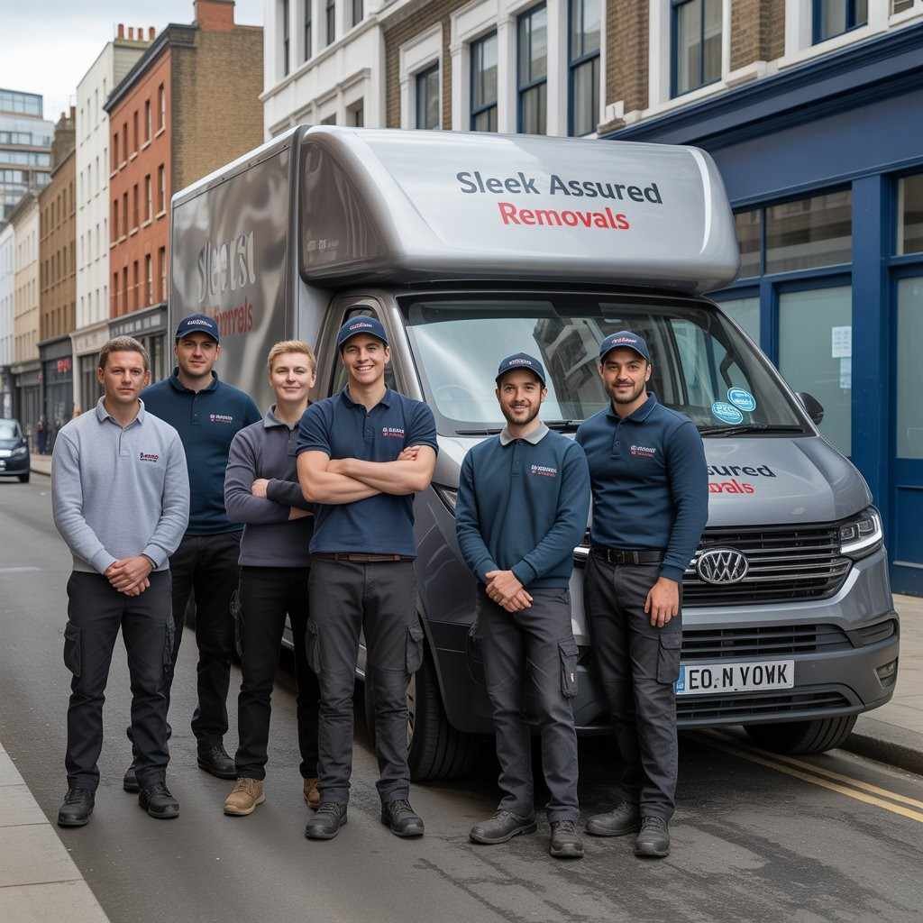 Sleek Assured Removals Professional team with branded storage and holdover service van