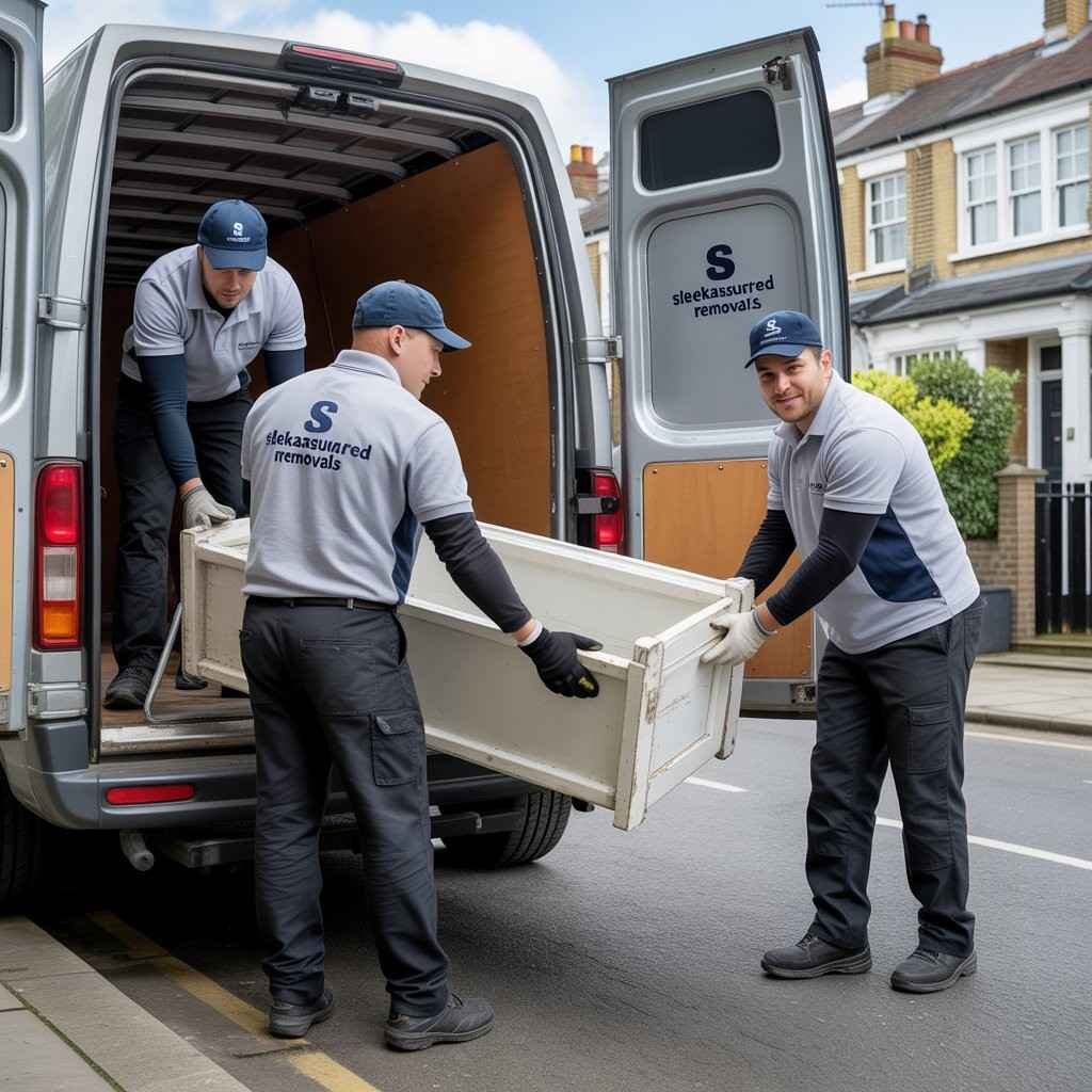 Waste clearance and furniture disposal team in West London wearing sleekassuredremovals uniforms