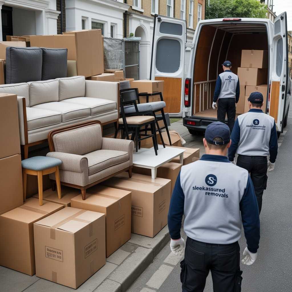 waste clearance workers loading boxes and home furniture