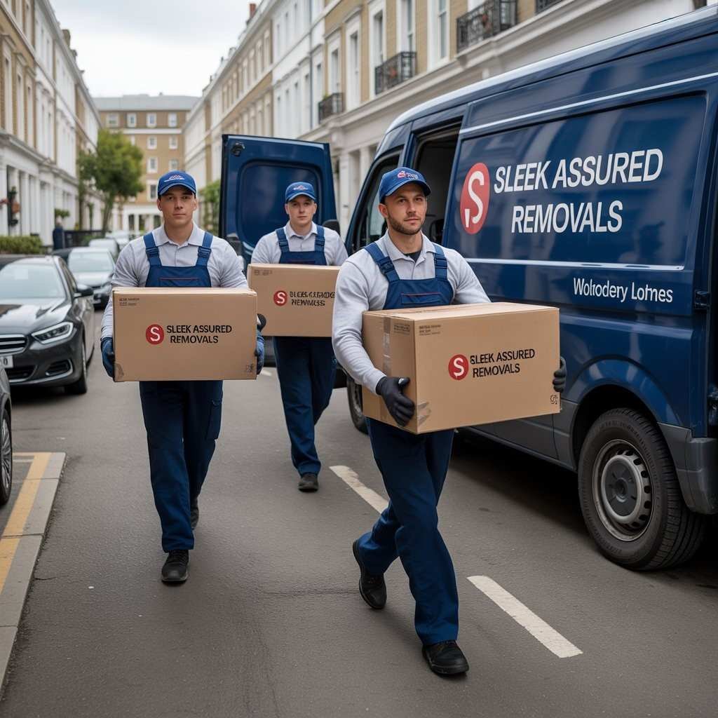 Branded removal workers loading storage boxes into a van