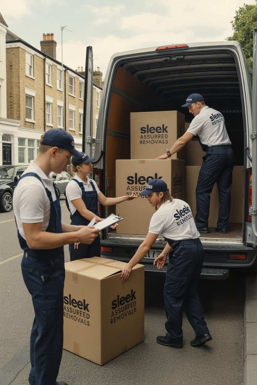 Sleek Assured Removals team loading boxes into a branded van during a storage and holdover service in North London