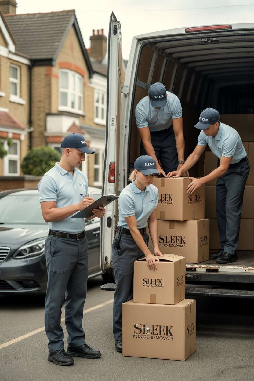 Waste clearance workers loading boxes into a service van while a team member records items