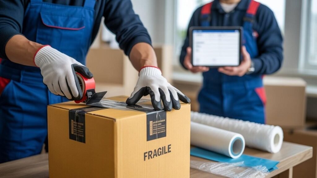 Close-up of movers packing a fragile box with protective materials while checking inventory for an organised London move