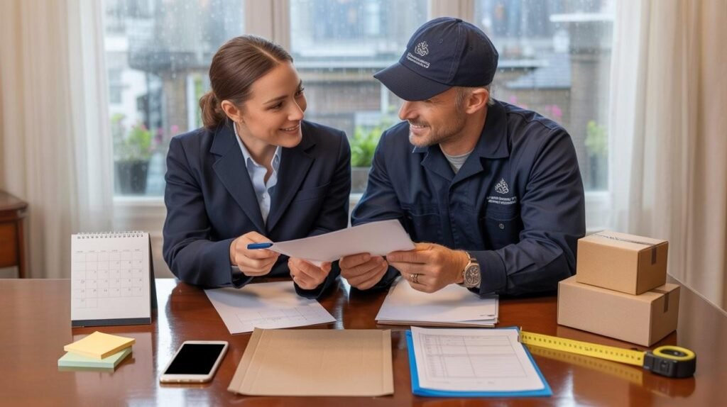 A move planning desk setup with calendar and checklist while a Sleekassuredremovals consultant helps plan a London move