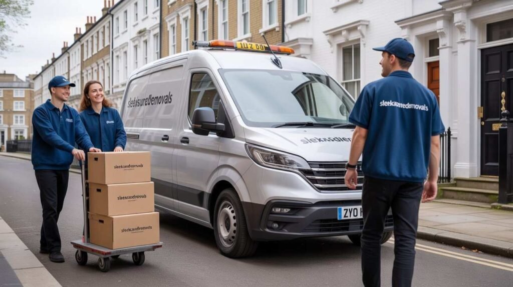 Small office move in London with a SleekAssuredRemovals mover using a dolly to transport office boxes
