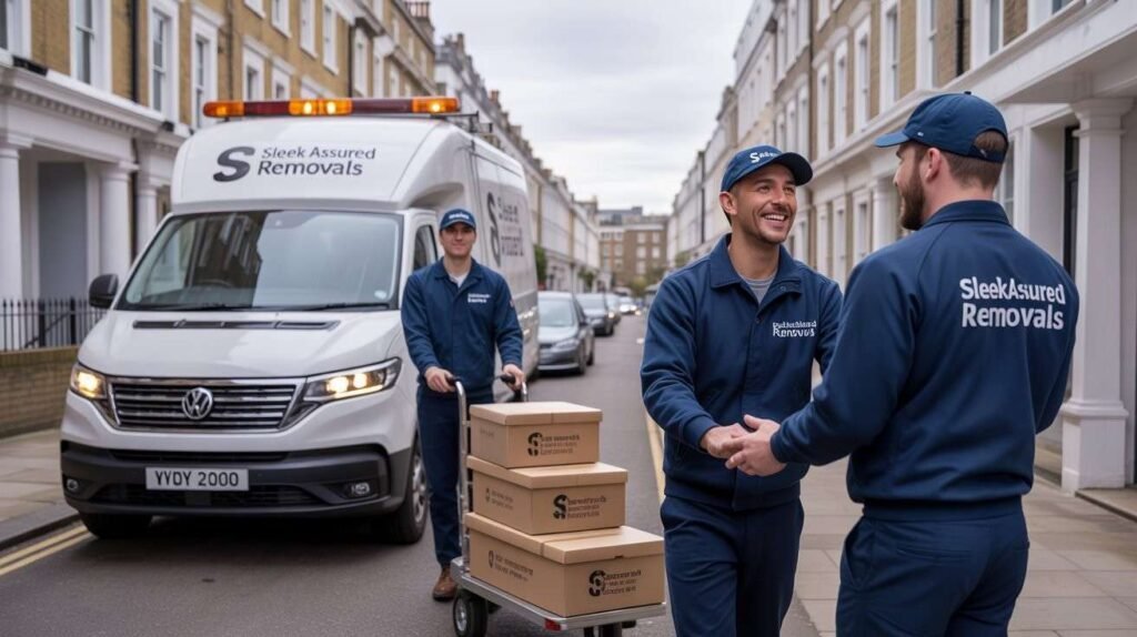 Mover‘sleekassuredremovals’ carrying boxes beside a van on a narrow London street