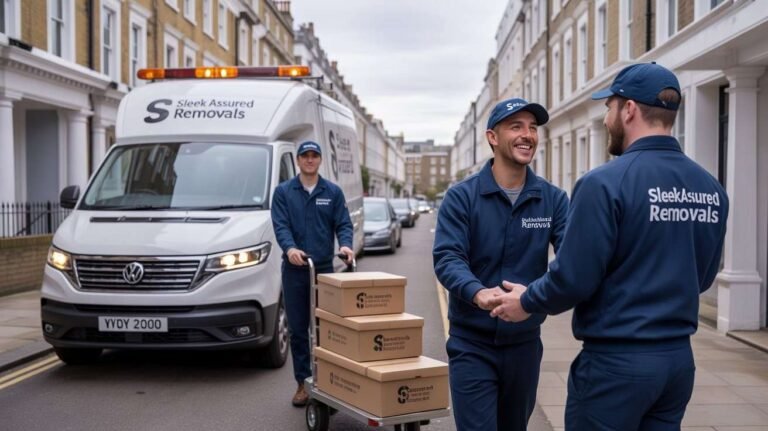 Mover in navy uniform labeled ‘sleekassuredremovals’ carrying boxes beside a van on a narrow London street
