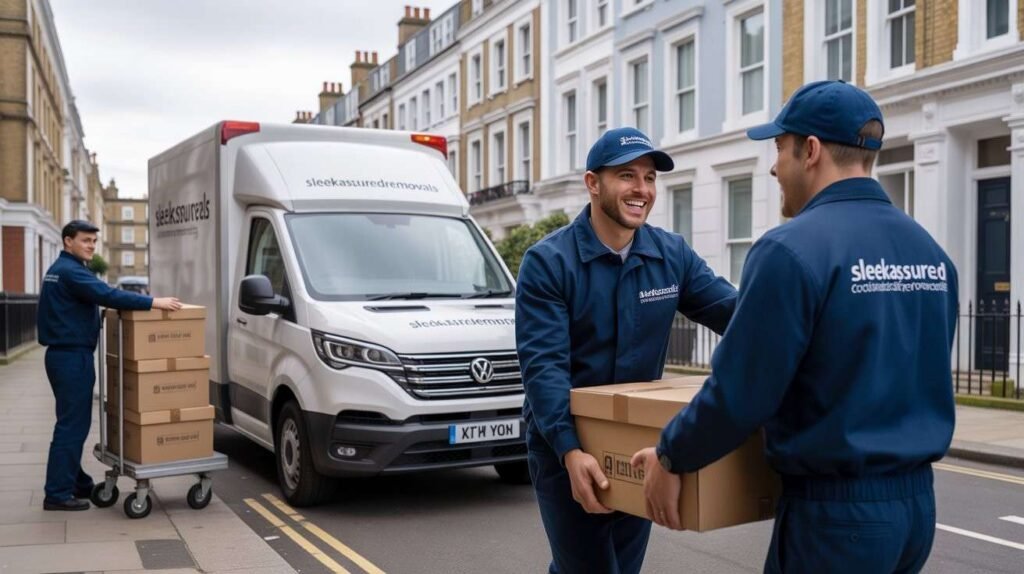 sleekassuredremovals man and van team handling a carefully boxes London office move