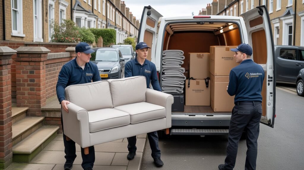 Movers unloading a van on a busy London street
