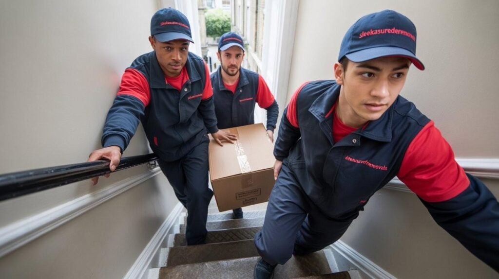 sleekassuredremovals mover loading boxes on a narrow London street