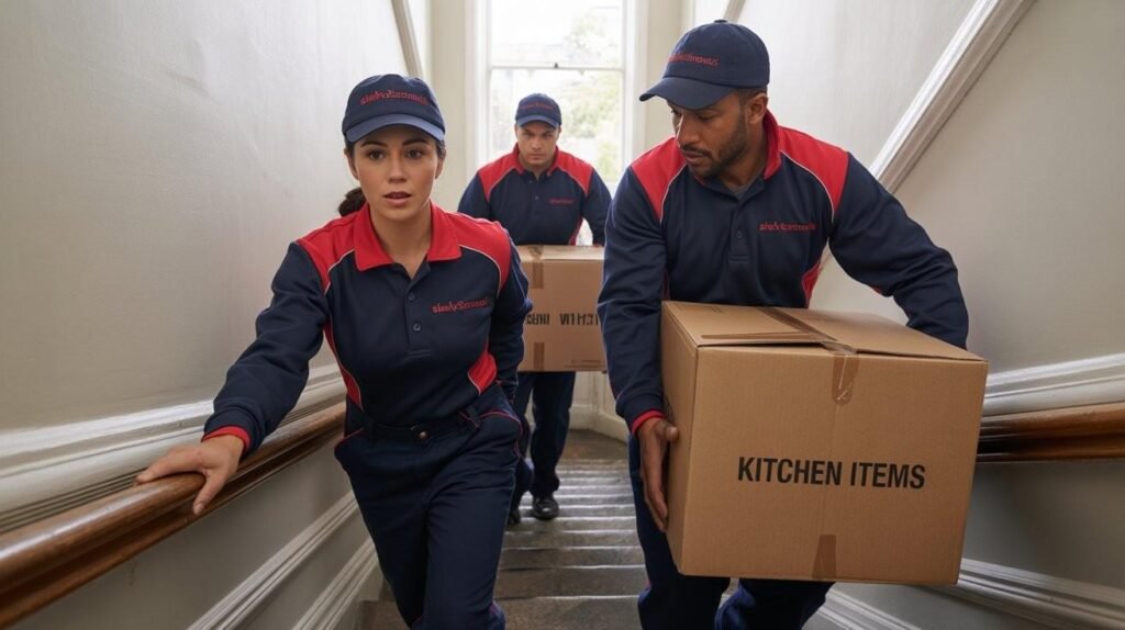 movers carrying boxes down a narrow London stairwell in a building with no lift.